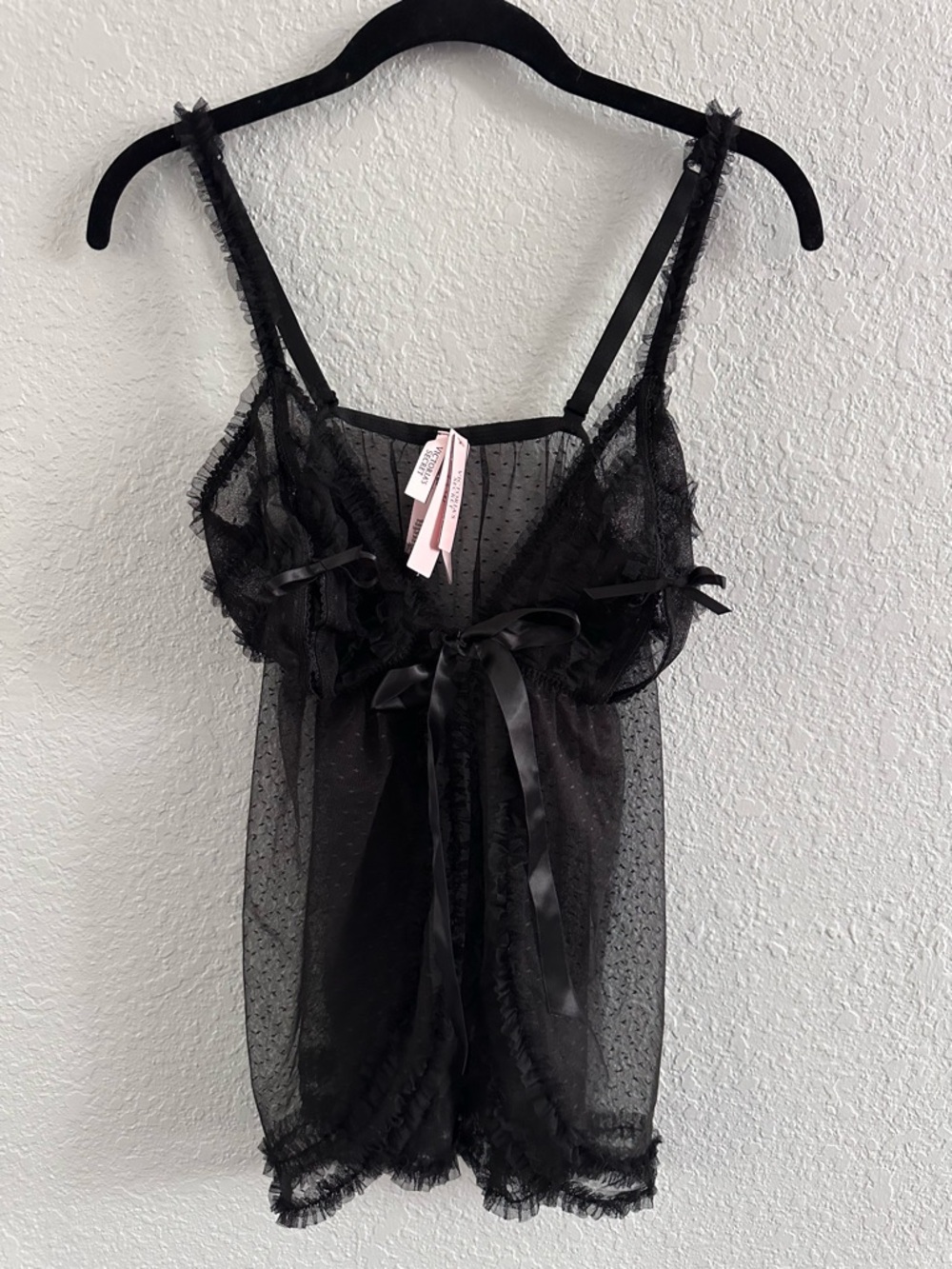 Victoria’s Secret XL Black Sheer Mesh Babydoll Lingerie Lace Ruffle Bow NWT